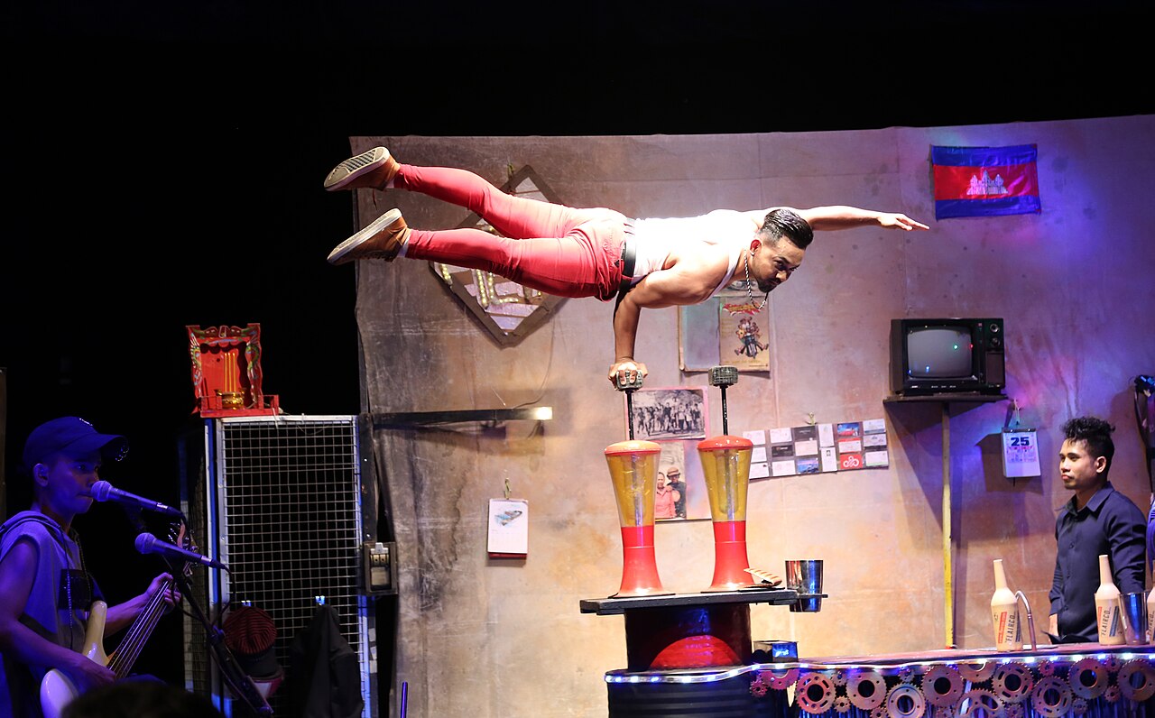 An artist balances during a Phare performance in Siem Reap on 25 February 2020. Archive illustration; this is not Tini Tinou 2026.