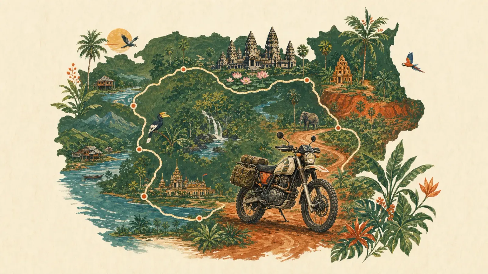 Vue illustrée d’une boucle à moto au Cambodge ; utilisez la liste des étapes plutôt que cette image pour naviguer