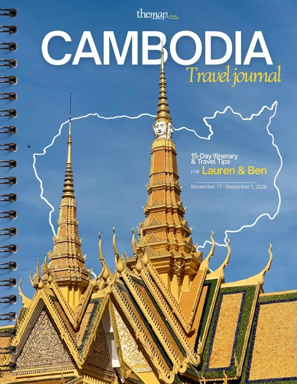 Cambodia Travel Journal cover with golden rooftops against a blue sky